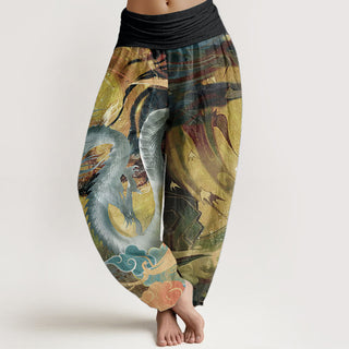 Buddha Gift Pure Cotton Dragon Auspicious Clouds Pattern Women's Elastic Waist Harem Pants