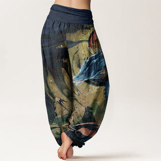 Buddha Gift Pure Cotton Dragon Auspicious Clouds Pattern Women's Elastic Waist Harem Pants