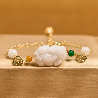 Buddha Gift Natural Jade PiXiu Carved Copper Coin Luck Chain Bracelet