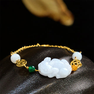 Buddha Gift Natural Jade PiXiu Carved Copper Coin Luck Chain Bracelet
