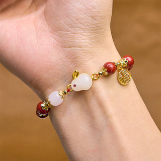 Buddha Gift Cinnabar Cute Rabbit Bunny Fu Character Charm Blessing Bracelet