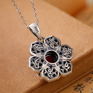 Buddha Gift Tibetan Om Mani Padme Hum Lotus Pattern Red Agate Copper Peace Necklace Pendant