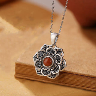 Buddha Gift Tibetan Om Mani Padme Hum Lotus Pattern Red Agate Copper Peace Necklace Pendant