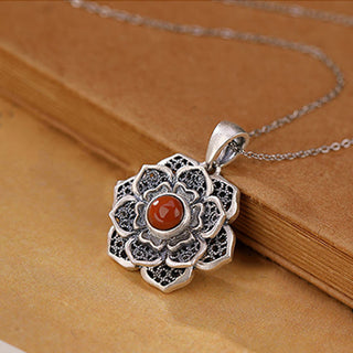Buddha Gift Tibetan Om Mani Padme Hum Lotus Pattern Red Agate Copper Peace Necklace Pendant