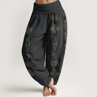 Buddha Gift Pure Cotton Lotus Flowers Double Dorje Vajra Namaste Om Design Women's Elastic Waist Harem Pants