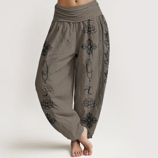 Buddha Gift Pure Cotton Lotus Flowers Double Dorje Vajra Namaste Om Design Women's Elastic Waist Harem Pants