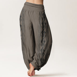 Buddha Gift Pure Cotton Lotus Flowers Double Dorje Vajra Namaste Om Design Women's Elastic Waist Harem Pants