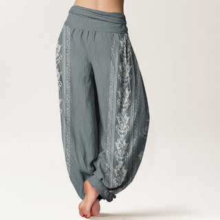 Buddha Gift Pure Cotton Lotus Flowers Double Dorje Vajra Namaste Om Design Women's Elastic Waist Harem Pants