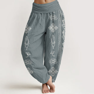 Buddha Gift Pure Cotton Lotus Flowers Double Dorje Vajra Namaste Om Design Women's Elastic Waist Harem Pants