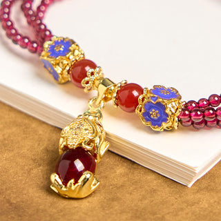 Buddha Gift Natural 3mm Garnet Beads PiXiu Flower Purification Multilayer Bracelet