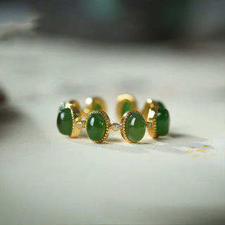 Buddha Gift 925 Sterling Silver Hetian Cyan Jade Beads Healing Adjustable Ring