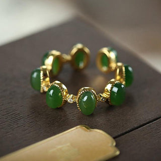 Buddha Gift 925 Sterling Silver Hetian Cyan Jade Beads Healing Adjustable Ring