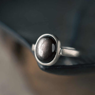 Buddha Gift Natural 925 Sterling Silver Silver Sheen Obsidian Adjustable Protection Ring