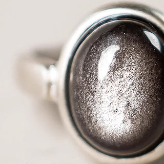 Buddha Gift Natural 925 Sterling Silver Silver Sheen Obsidian Adjustable Protection Ring