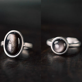Buddha Gift Natural 925 Sterling Silver Silver Sheen Obsidian Adjustable Protection Ring