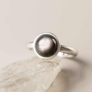 Buddha Gift Natural 925 Sterling Silver Silver Sheen Obsidian Adjustable Protection Ring