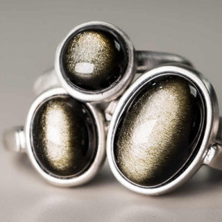 Buddha Gift Natural 925 Sterling Silver Gold Sheen Obsidian Adjustable Wealth Ring