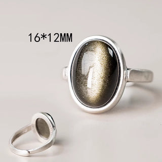 Buddha Gift Natural 925 Sterling Silver Gold Sheen Obsidian Adjustable Wealth Ring