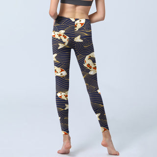 Buddha Gift White Red Koi Fish Ocean Waves Print Gym Leggings Women's Yoga Pants