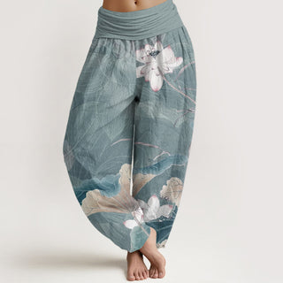 Buddha Gift Pure Cotton Lotus Flowers Leaves Pattern Women's Elastic Waist Harem Pants
