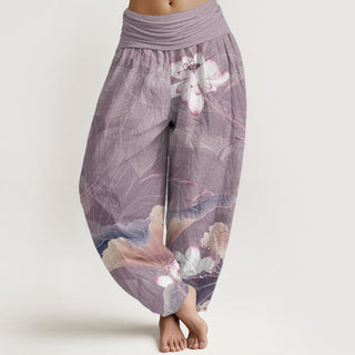 Buddha Gift Pure Cotton Lotus Flowers Leaves Pattern Women's Elastic Waist Harem Pants