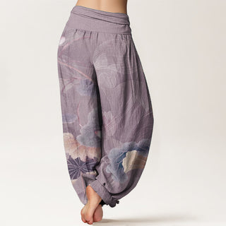 Buddha Gift Pure Cotton Lotus Flowers Leaves Pattern Women's Elastic Waist Harem Pants
