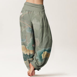 Buddha Gift Pure Cotton Lotus Flowers Leaves Pattern Women's Elastic Waist Harem Pants