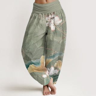 Buddha Gift Pure Cotton Lotus Flowers Leaves Pattern Women's Elastic Waist Harem Pants