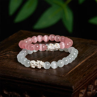 Buddha Gift Natural Cat's Eye Beads 990 Sterling Silver Pixiu Positive Bracelet