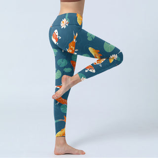 Buddha Gift Koi Fish Lotus Flower Lotus Leaves Pattern Print Gym Leggings Women's Yoga Pants