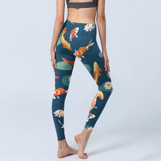 Buddha Gift Koi Fish Lotus Flower Lotus Leaves Pattern Print Gym Leggings Women's Yoga Pants
