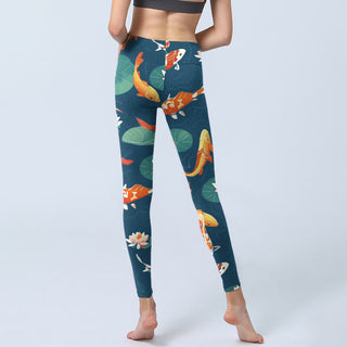 Buddha Gift Koi Fish Lotus Flower Lotus Leaves Pattern Print Gym Leggings Women's Yoga Pants