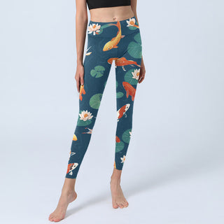 Buddha Gift Koi Fish Lotus Flower Lotus Leaves Pattern Print Gym Leggings Women's Yoga Pants