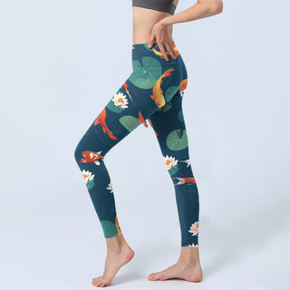 Buddha Gift Koi Fish Lotus Flower Lotus Leaves Pattern Print Gym Leggings Women's Yoga Pants