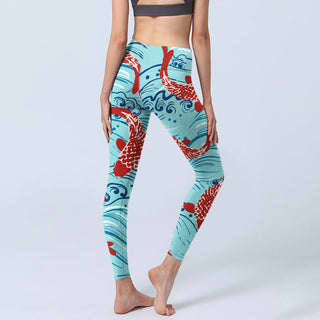 Buddha Gift Koi Fish Wave Pattern Print Gym Leggings Women's Yoga Pants