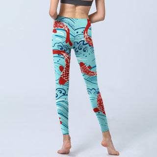 Buddha Gift Koi Fish Wave Pattern Print Gym Leggings Women's Yoga Pants
