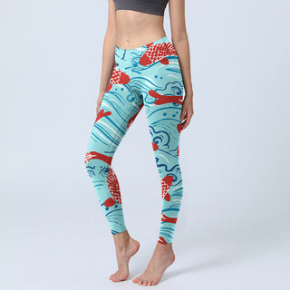 Buddha Gift Koi Fish Wave Pattern Print Gym Leggings Women's Yoga Pants