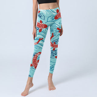 Buddha Gift Koi Fish Wave Pattern Print Gym Leggings Women's Yoga Pants