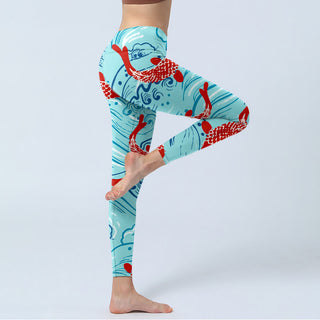Buddha Gift Koi Fish Wave Pattern Print Gym Leggings Women's Yoga Pants