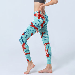 Buddha Gift Koi Fish Wave Pattern Print Gym Leggings Women's Yoga Pants