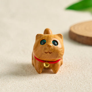 Buddha Gift Mini Sandalwood Carved Lucky Confident Cat Healing Decoration