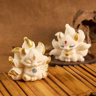 Buddha Gift Small Nine Tailed Fox Carved Ivory Fruit Support Home Decoration