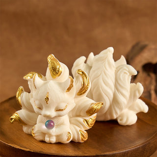 Buddha Gift Small Nine Tailed Fox Carved Ivory Fruit Support Home Decoration