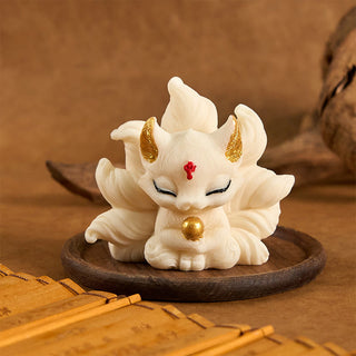 Buddha Gift Small Nine Tailed Fox Carved Ivory Fruit Support Home Decoration