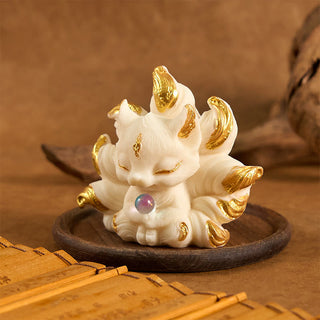 Buddha Gift Small Nine Tailed Fox Carved Ivory Fruit Support Home Decoration