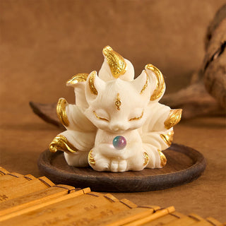 Buddha Gift Small Nine Tailed Fox Carved Ivory Fruit Support Home Decoration