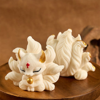 Buddha Gift Small Nine Tailed Fox Carved Ivory Fruit Support Home Decoration