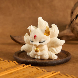 Buddha Gift Small Nine Tailed Fox Carved Ivory Fruit Support Home Decoration
