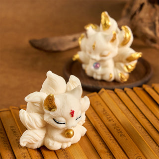 Buddha Gift Small Nine Tailed Fox Carved Ivory Fruit Support Home Decoration