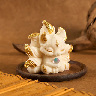Buddha Gift Small Nine Tailed Fox Carved Ivory Fruit Support Home Decoration